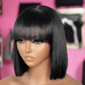 12 Inch Realistic Yaki Straight Bob With Bangs 2x1 Minimalist Lace Wig 150% Density