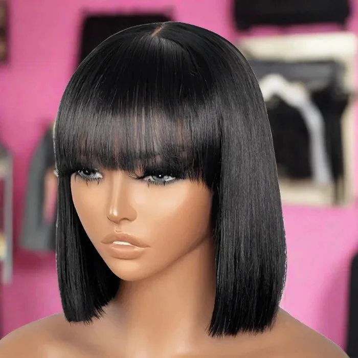 12 Inch Realistic Yaki Straight Bob With Bangs 2x1 Minimalist Lace Wig 150% Density