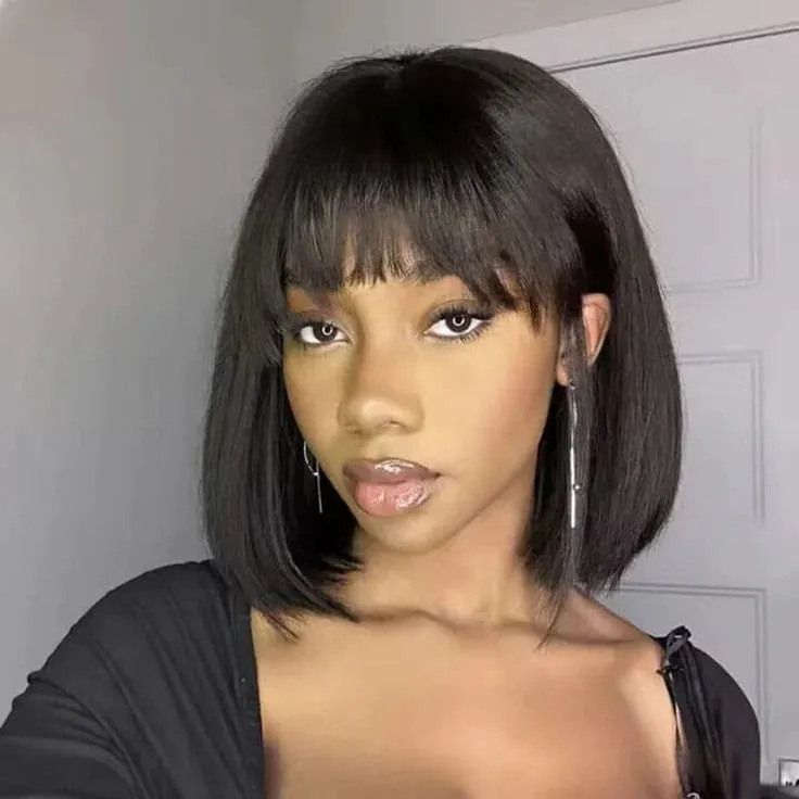12 Inch Realistic Yaki Straight Bob With Bangs 2x1 Minimalist Lace Wig 150% Density
