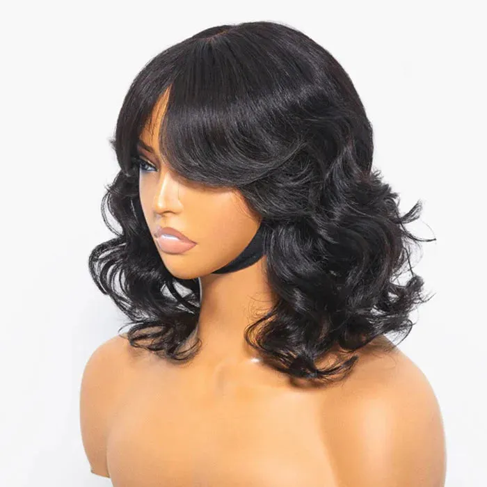 12 Inches Mature Lady Short Loose Wave #1B Lace Wig With Bangs - Glueless