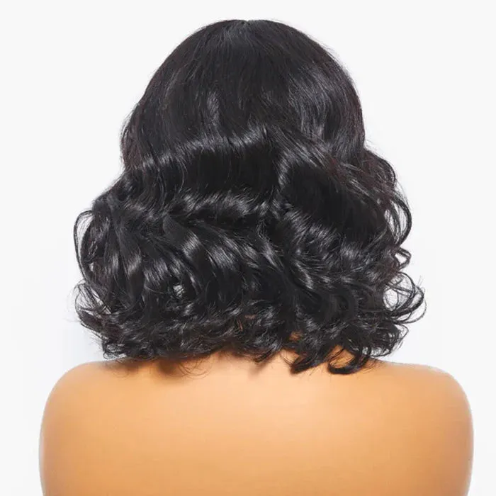 12 Inches Mature Lady Short Loose Wave #1B Lace Wig With Bangs - Glueless
