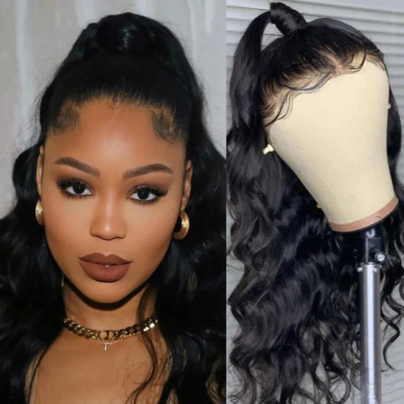 16-18 Inches #1B 360 Lace Pre-Plucked Body Wavy Lace Frontal Wig-100% Human Hair (360 WIGS)