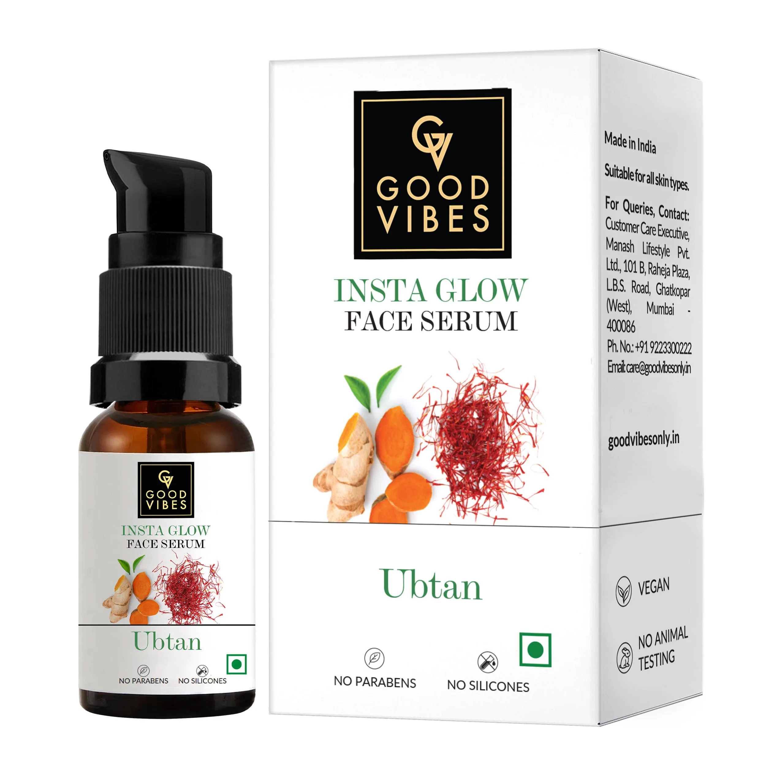 Good Vibes Ubtan Insta Glow Face Serum | Brightening, Nourishing, Moisturizing | Vegan, No Parabens, No Sulphates, No Mineral Oil, No Animal Testing (30 ml)