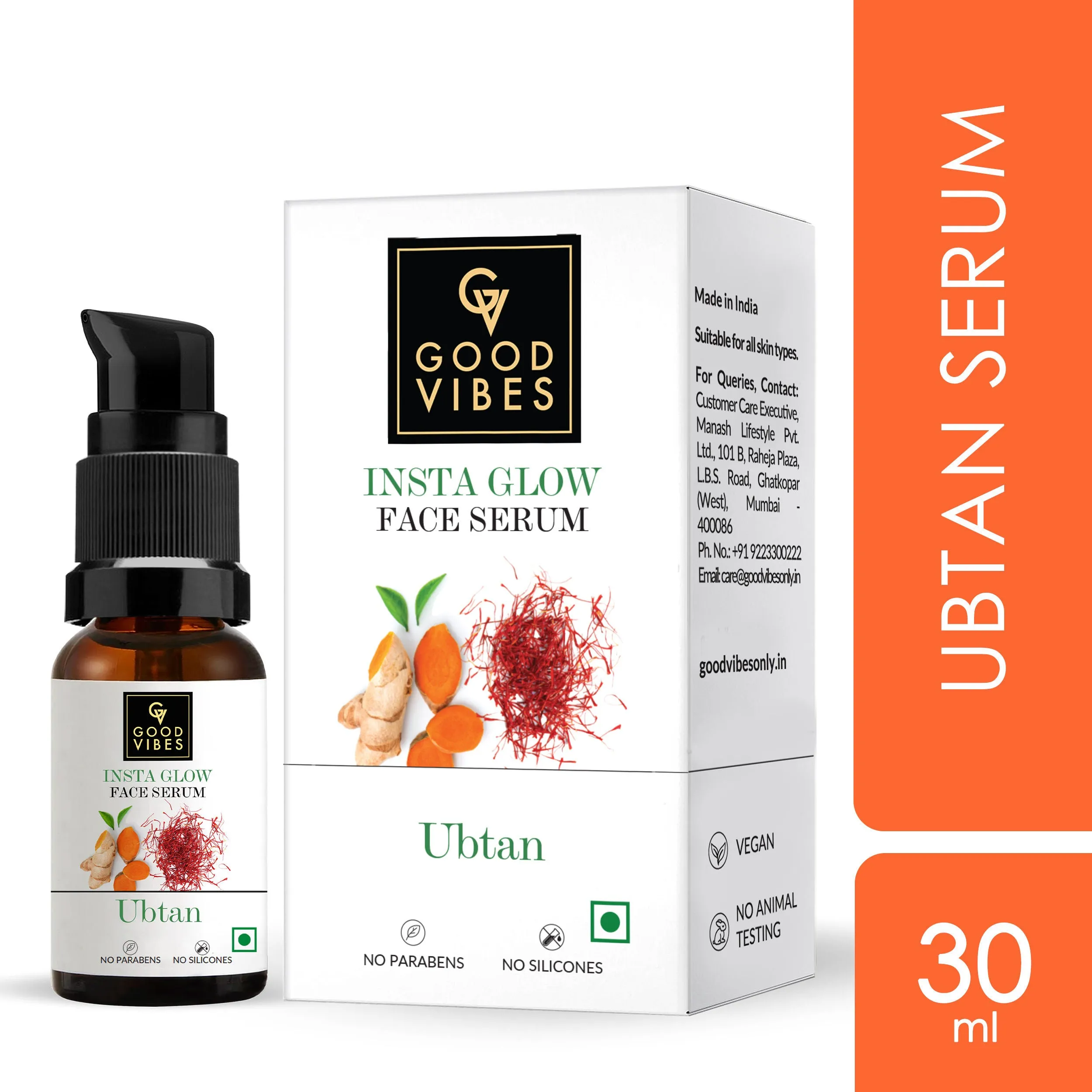 Good Vibes Ubtan Insta Glow Face Serum | Brightening, Nourishing, Moisturizing | Vegan, No Parabens, No Sulphates, No Mineral Oil, No Animal Testing (30 ml)